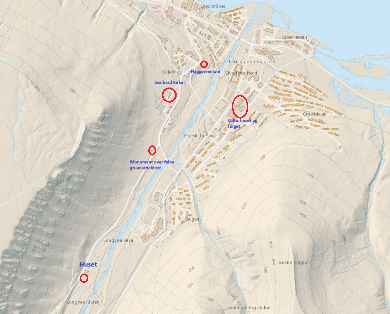 Oversikt over hvor de forskjellige programpostene vil foregå den 14. august 2025. Foto: TopoSvalbard - Norsk Polarinstitutt.